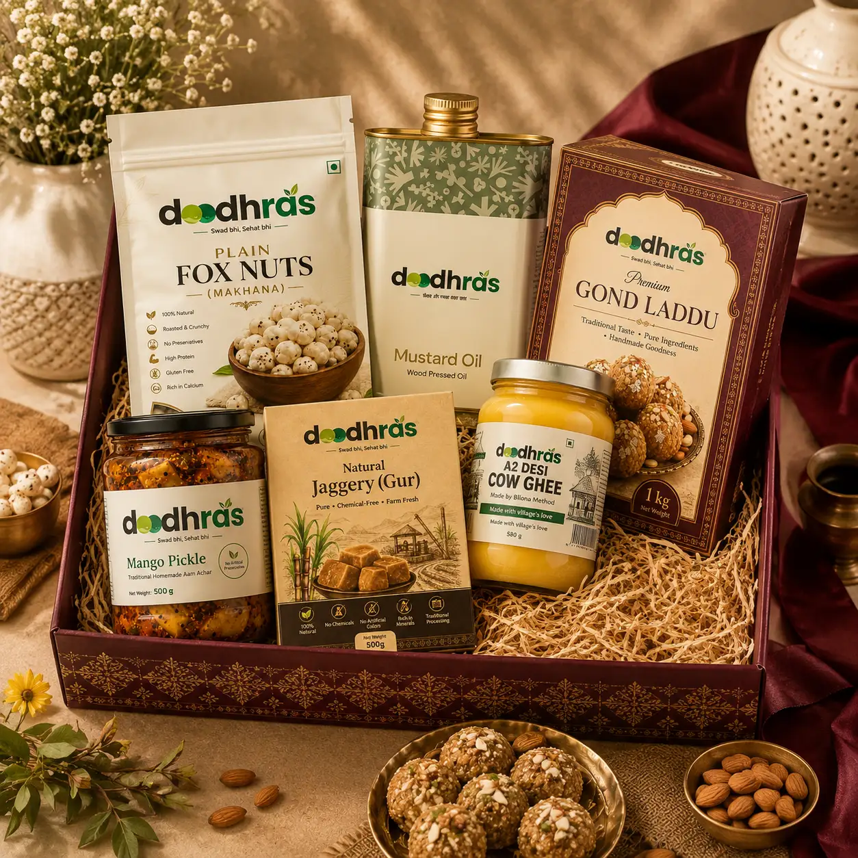 Doodhras Healthy Gifting hamper with fox nuts, mustard oil, gond laddu, A2 desi cow ghee, natural jaggery, and mango pickle, packed in a festive box.